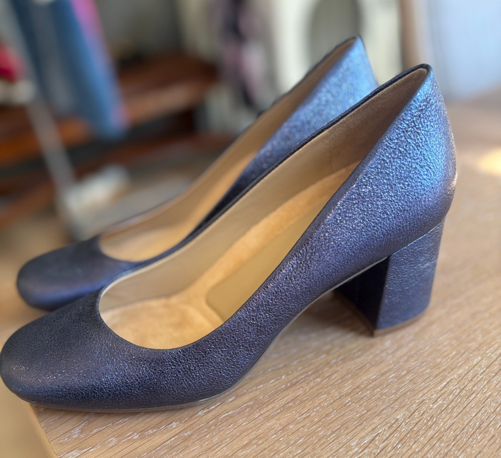 Naturalizer Whitney Pump Navy Blue Metallic Block Heel Comfort Shoes Women's 8.5